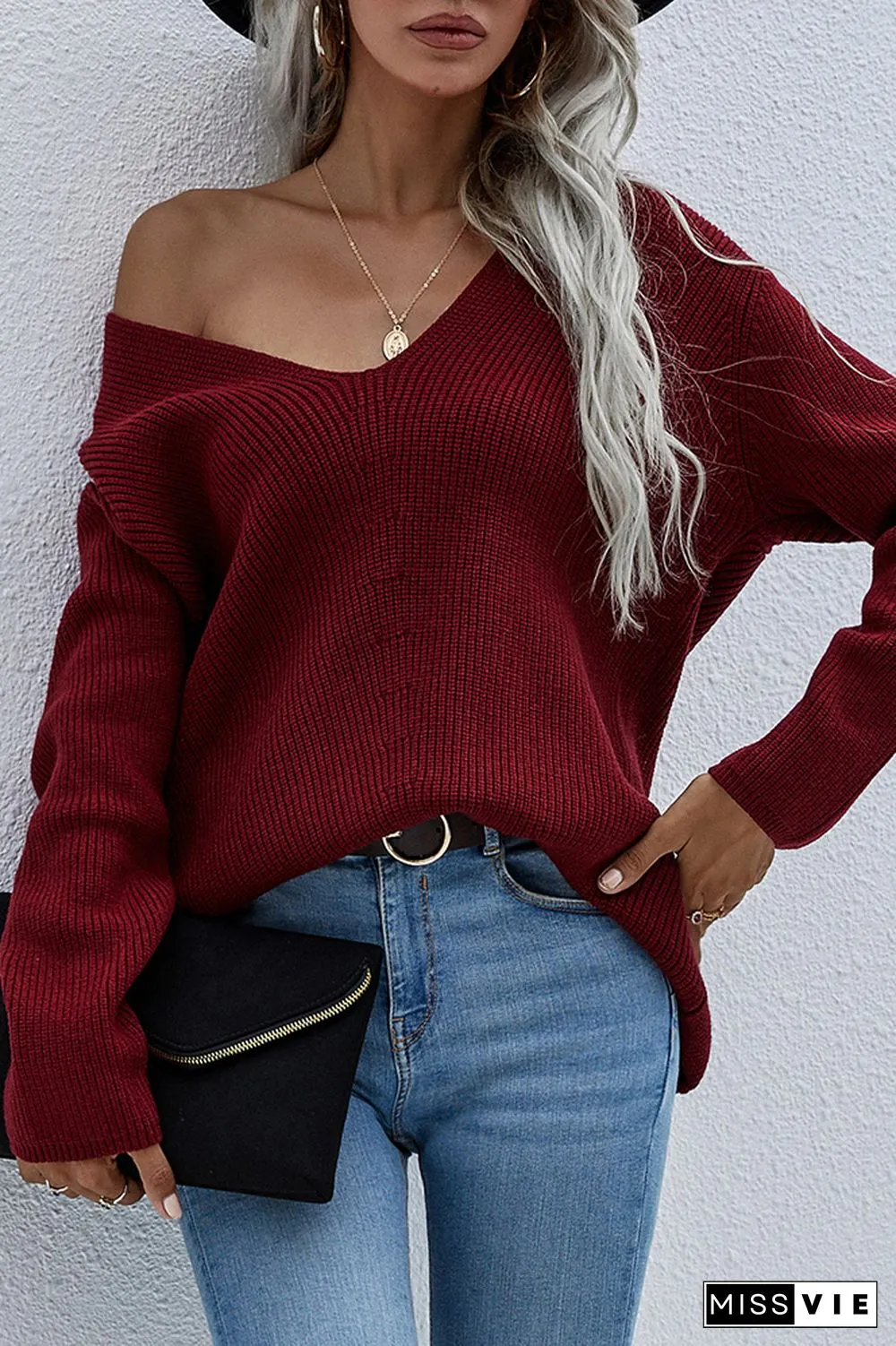 V-neck Long Sleeves Loose Solid Color Pullover Sweater Wholesale
