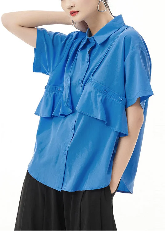 Blue Baggy Ruffles Patchwork Cotton Shirt Button Short Sleeve