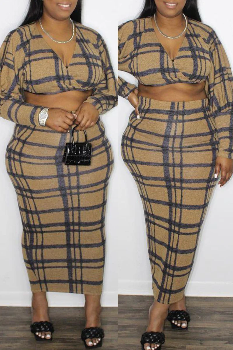Khaki Fashion Casual Plaid Print Basic V Neck Long Sleeve Two Pieces | EGEMISS