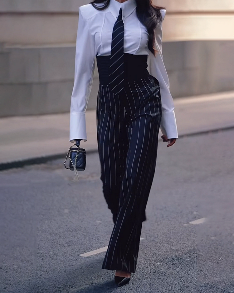 Lapel Long-sleeved Top and Striped Pants Two-piece Suit