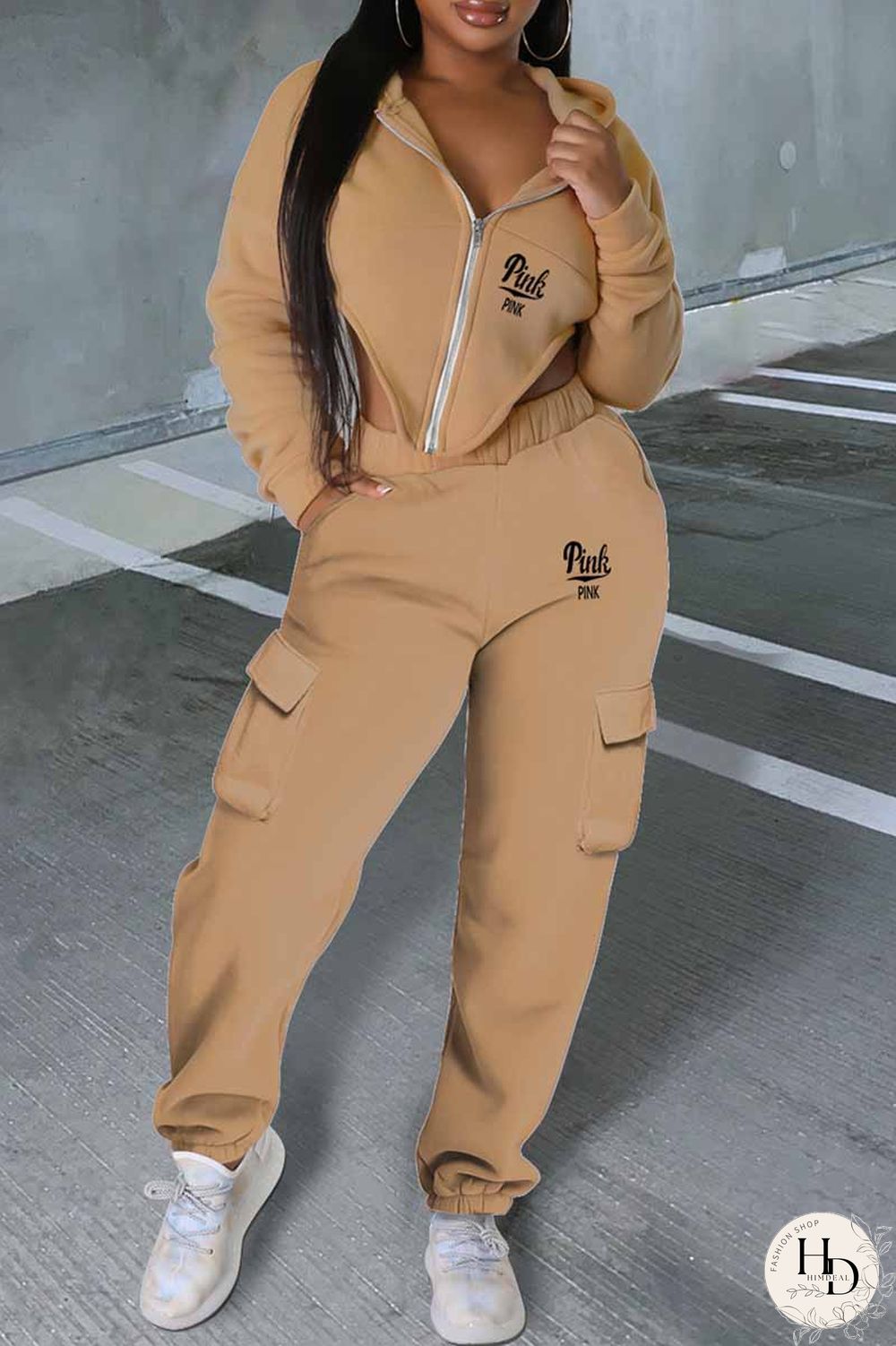 Brown Street Print Letter Asymmetrical Hooded Collar Long Sleeve Two Pieces