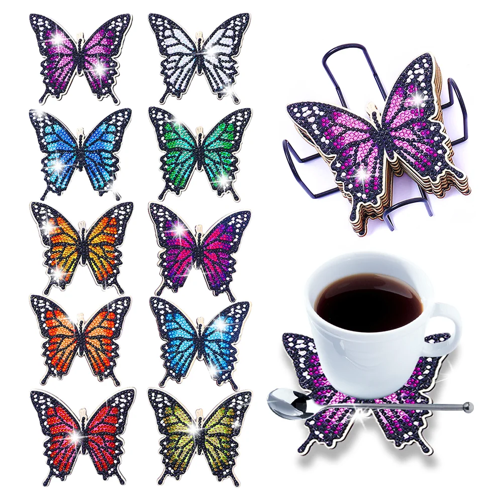 10Pcs DIY Wooden Butterfly Coasters Diamond Painting Kits