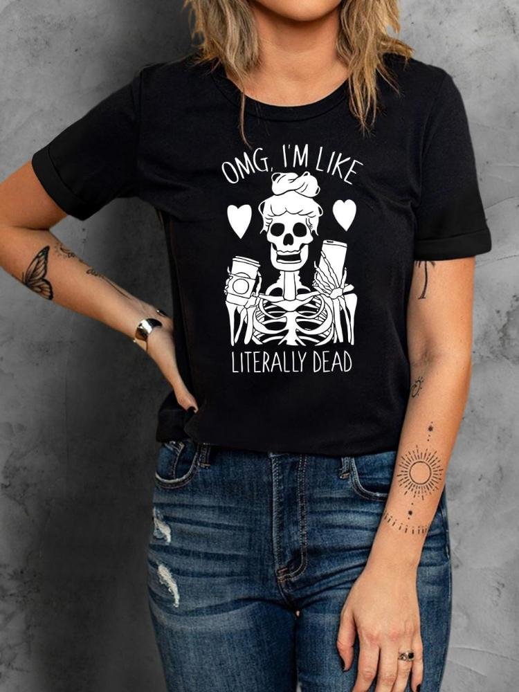 Black Skeletons Graphic Short Sleeve Halloween T-Shirt