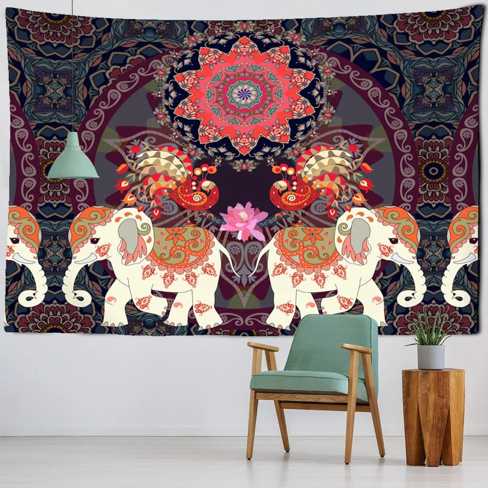 India Mandala Elephant Tapestry Wall Hanging Bohemian Sandy Beach Picnic Throw Rug Blanket Camping Tent Travel Sleeping Pad