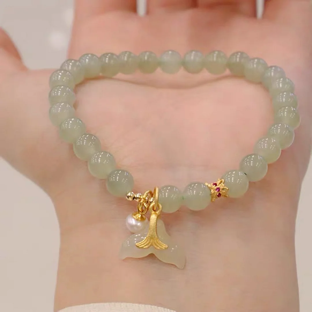 Natural Jade Fish Tail Pearl Luck Prosperity Bracelet