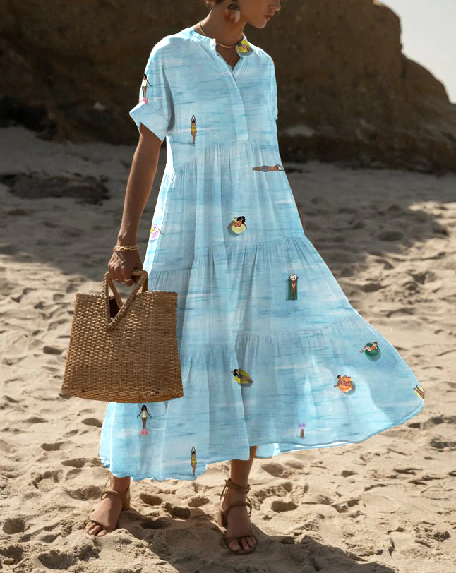 Women's Blue Short Sleeve Stand Collar Seaside Vacation Loose Dress socialshop