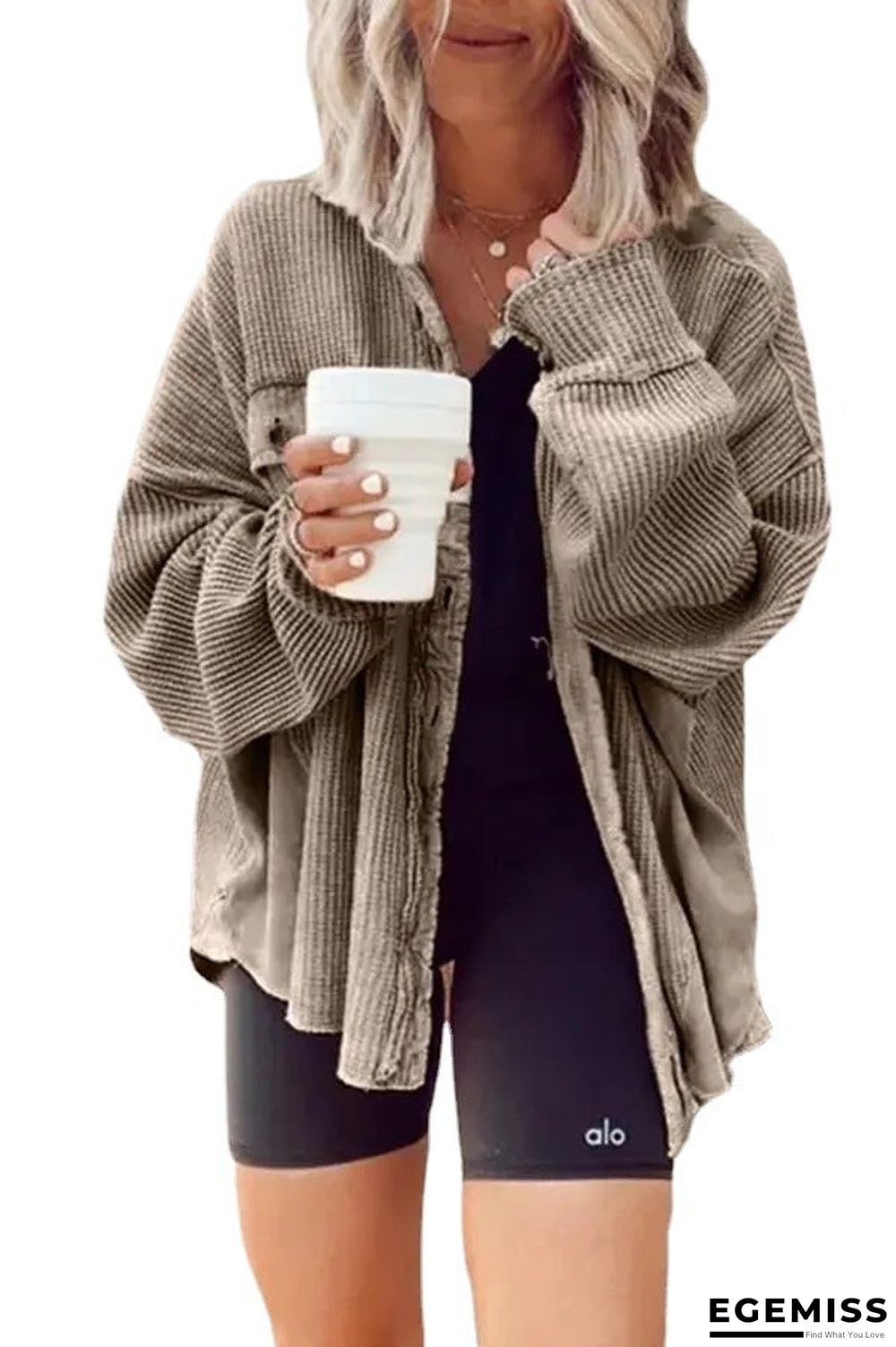 Batwing Sleeve Button Front Waffle Knit Shacket | EGEMISS