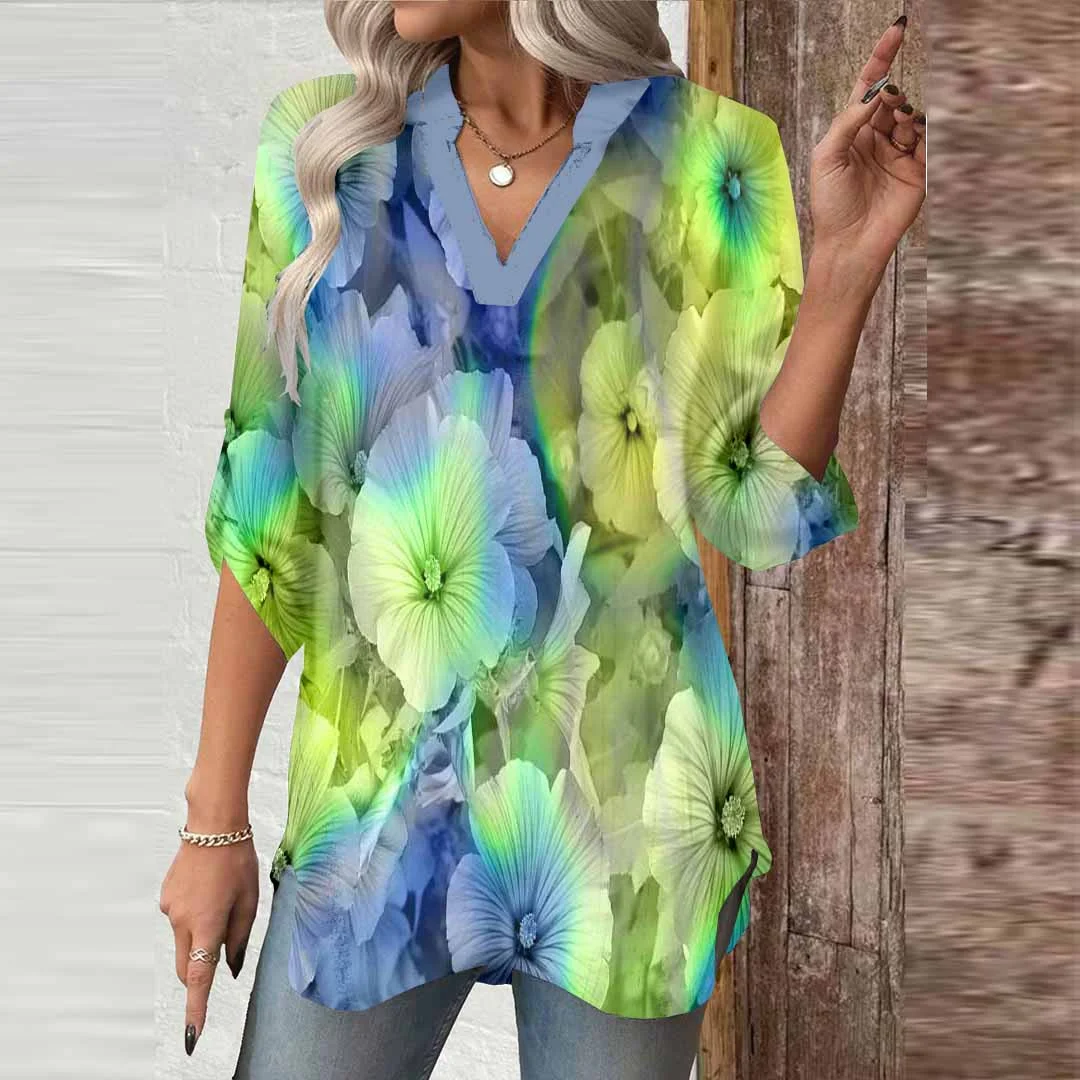 Women Floral, Blue, Fluorescent Green DZGA0752 3/4 Sleeve V-neck Printed Graphic Button Tops