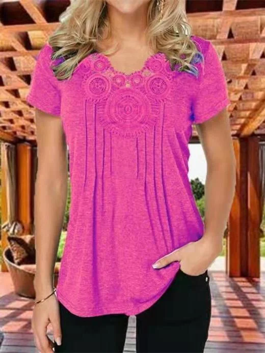 Women Short Sleeve U-neck Lace Top