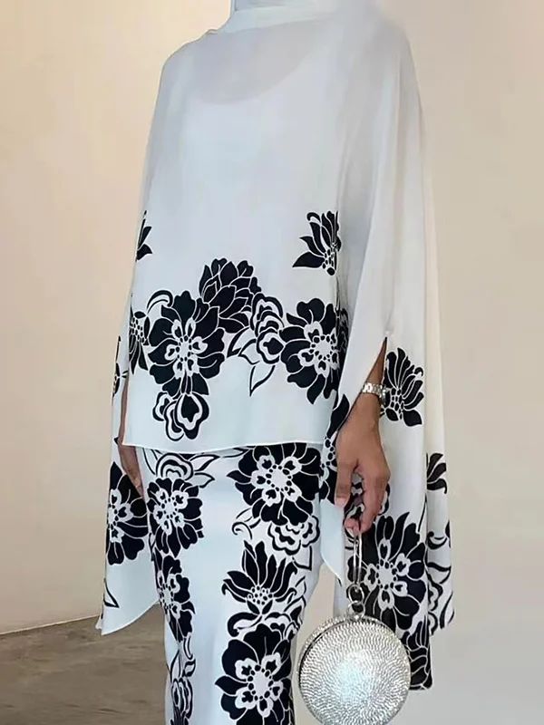 Flower Print Batwing Sleeves Loose Mock Neck Blouses&Shirts Tops
