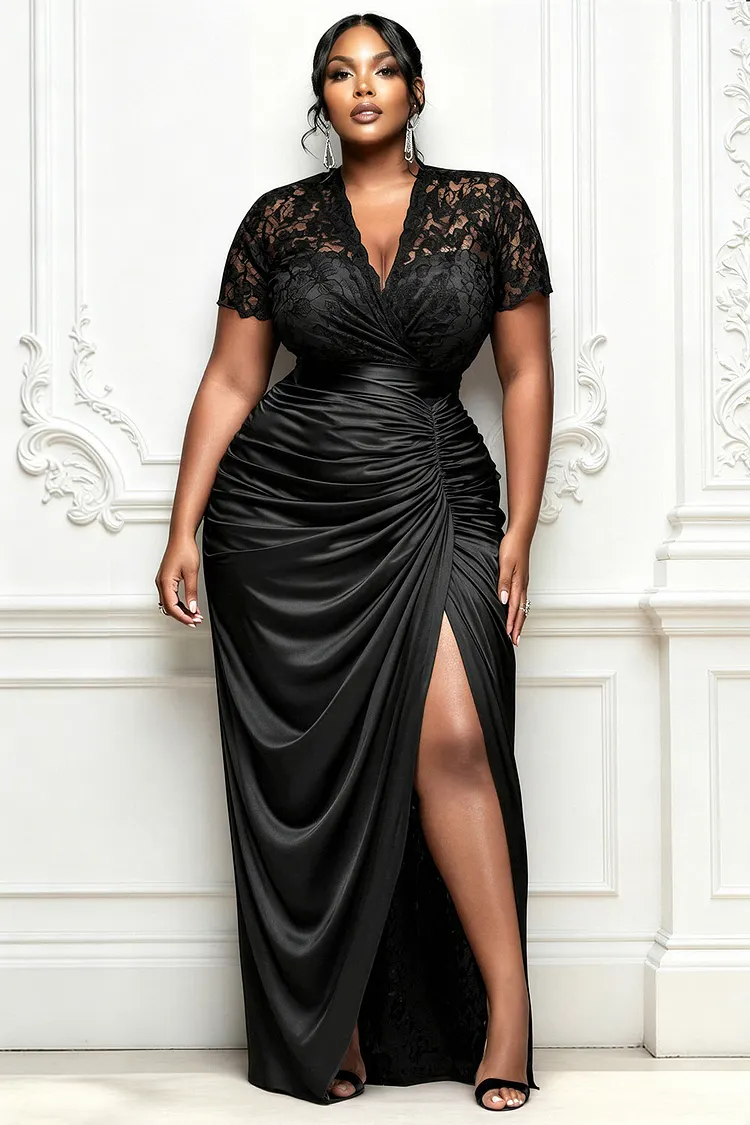 Xpluswear Design Plus Size Formal Lace Black Wrap Neck Short Sleeve See Through Split Satin Maxi Dresses [Pre-Order] 2024 - Xpluswear