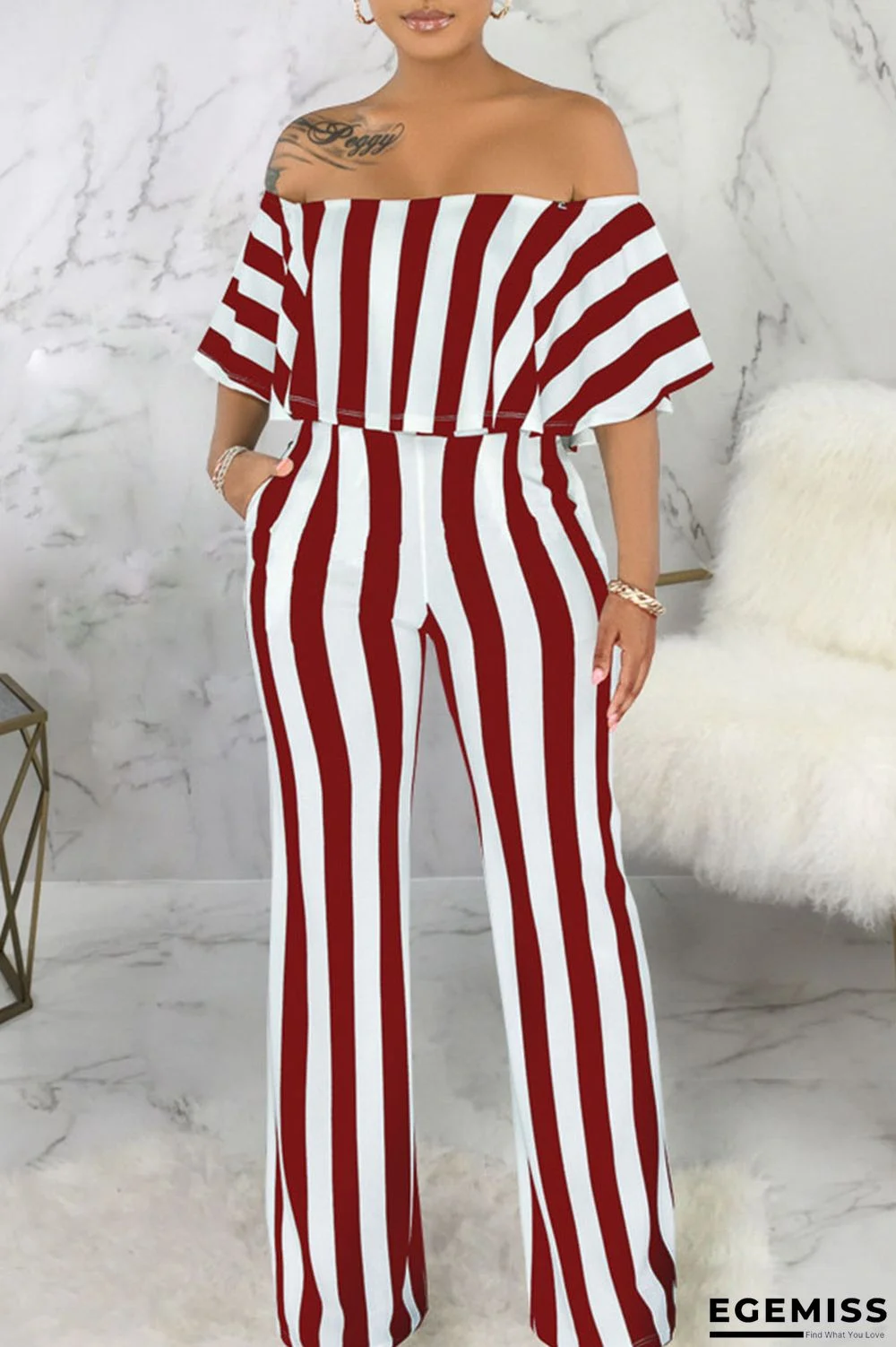 Burgundy Fashion Casual Striped Print Patchwork Off the Shoulder Straight Jumpsuits | EGEMISS