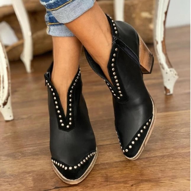Faux Leather Pattern Wooden Chunky Heel Boots -boots