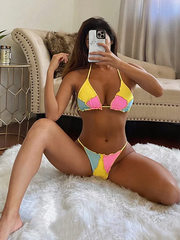 Halterneck Contrast Color Triangles Hipster Stylish Bikini Swimwear