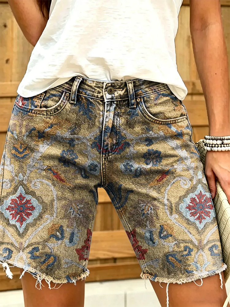 Women's Vintage Floral Print Denim Shorts