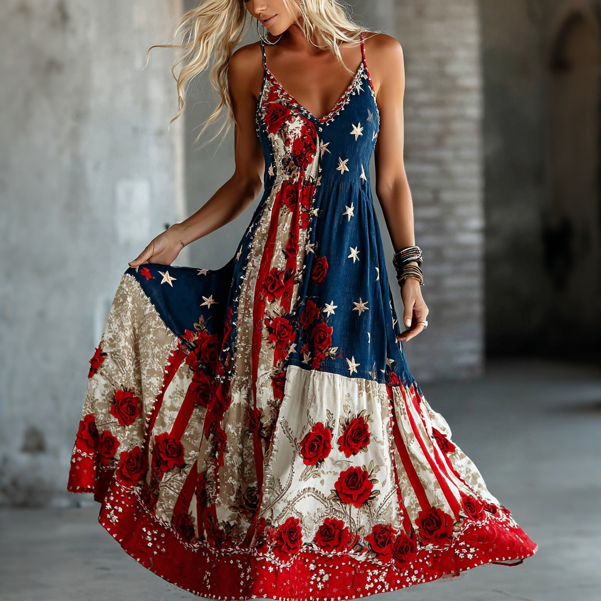  Women's Independence Day Flag Floral Art Linen Dress Westsshops