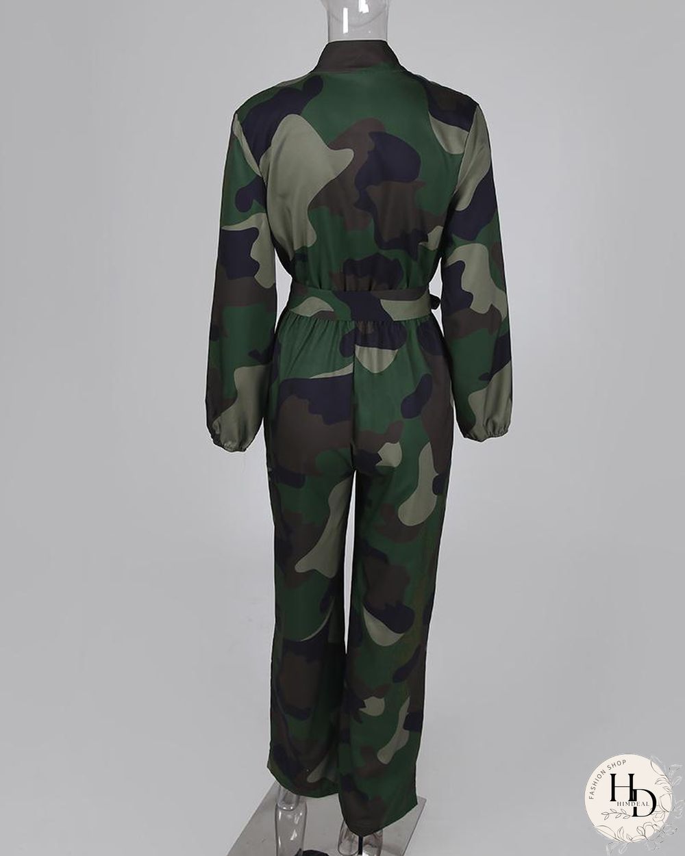 V Neck Camouflage Print Buttoned Jumpsuit P16118