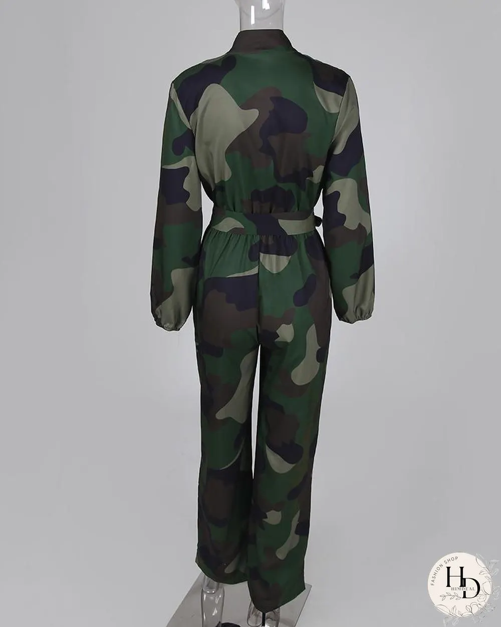 V Neck Camouflage Print Buttoned Jumpsuit P16118
