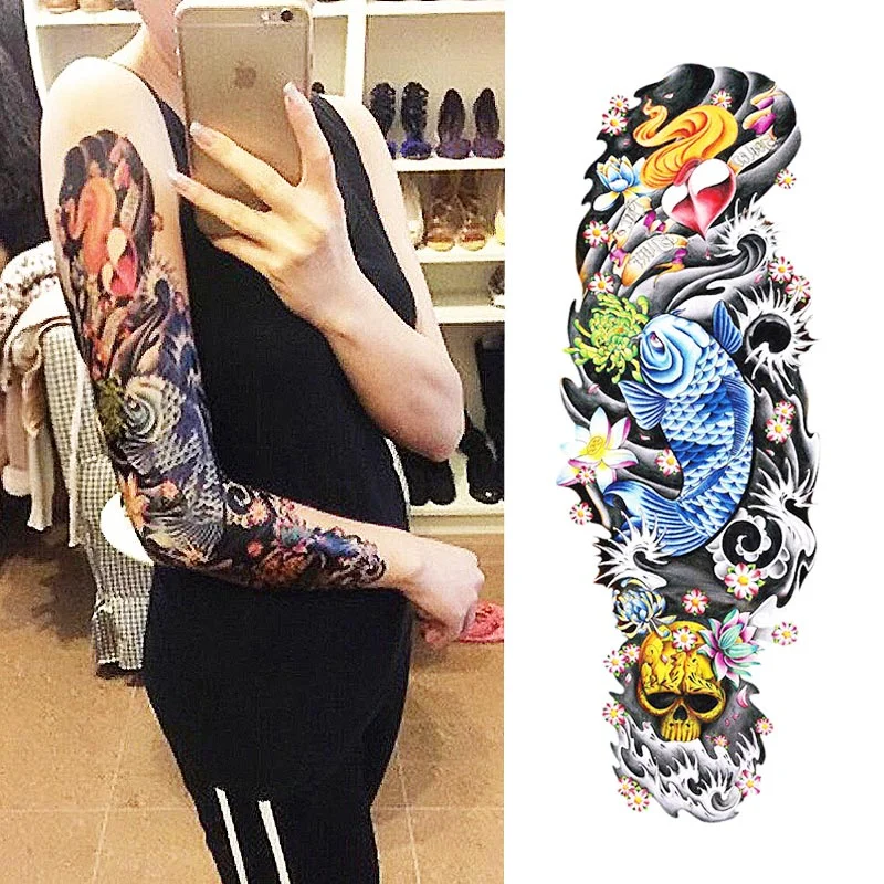 Full Flower Arm Tattoo Sticker 40models Fish Peacock Lotus Temporary Body paint Water Transfer fake Tatoo sleeve