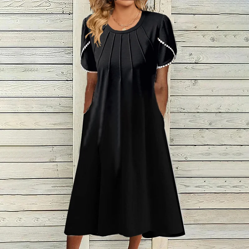 Fashion Round Neck Discount Lace Sleeve Pocket Maxi Dress