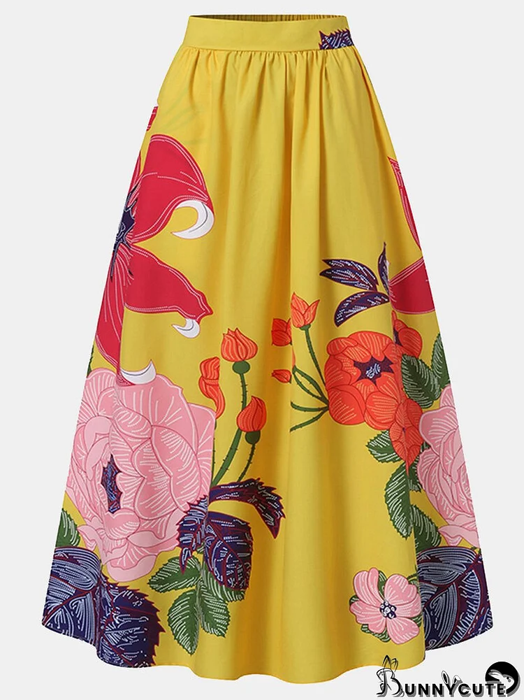 Calico Print Elastic High Waist Pocket Vintage Skirt For Women