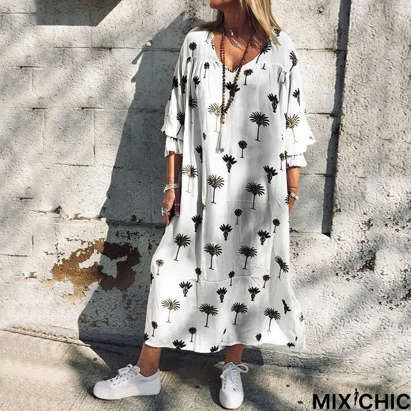 Fashion Large Beach Loose Medium Sleeve Dress White Dresses