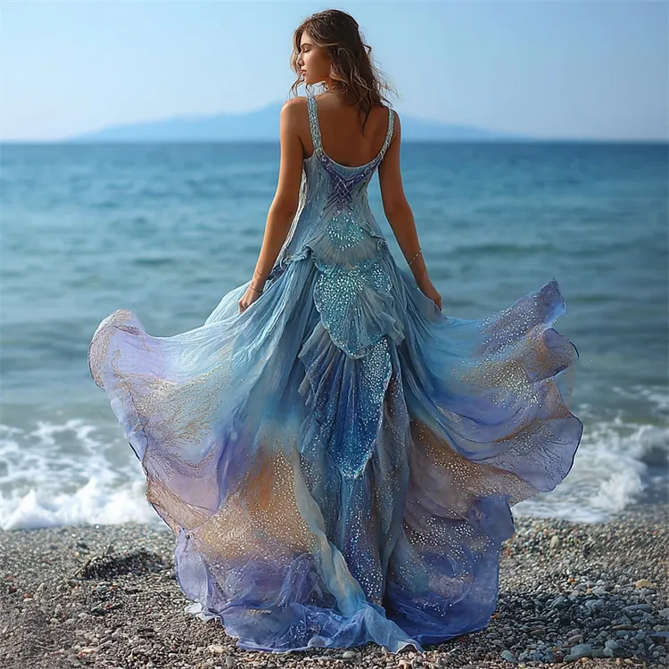 Boho Mermaid Inspired Glitter Gradient Flowy Maxi Dress
