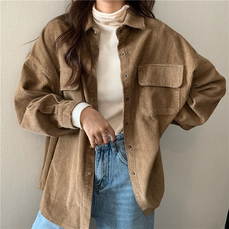 Woherb Spring New Women Solid Corduroy Shirts Jackets Full Sleeve Turn-Down Collar Oversize Coats Casual Autumn Basic Outwear