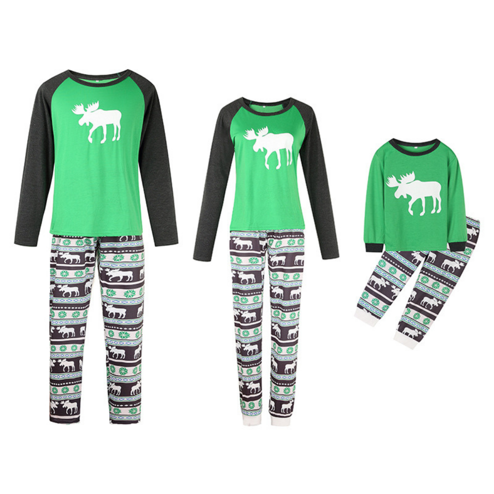 Christmas Elk Printed Green Parent-child Pajama Set