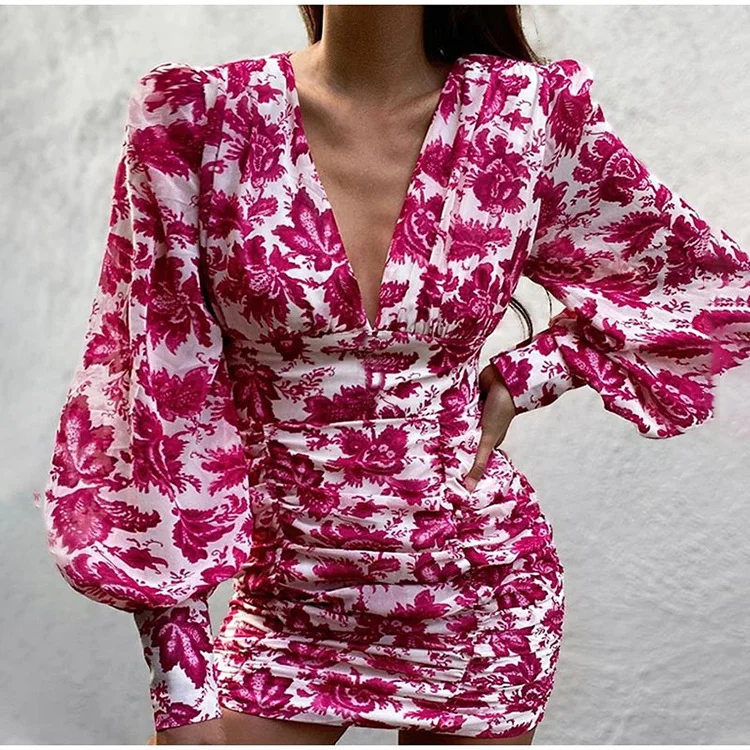 Printed Retro Fashion V-neck Balloon Sleeves Pleated Elegant Casual Mini Dress