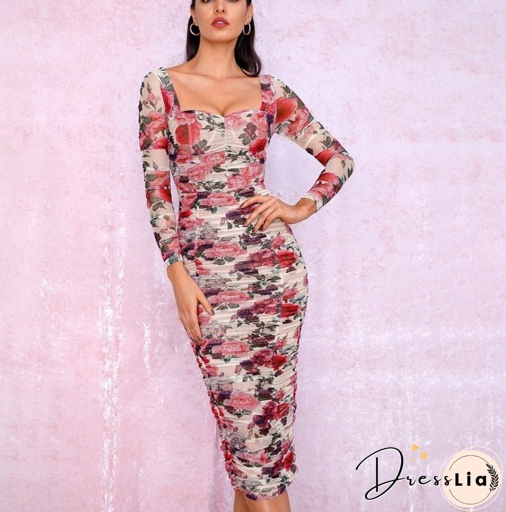 Sexy Elastic Print Mesh Slim Long Sleeve Over-The-Knee Party Dress (With Lining) Lm81941