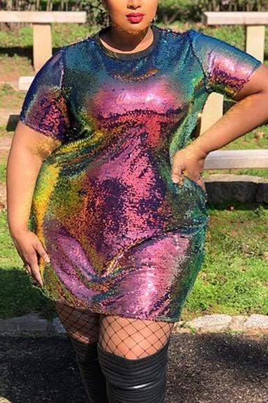 Sexy Beaded Short Sleeve Color Change Large Size Dress