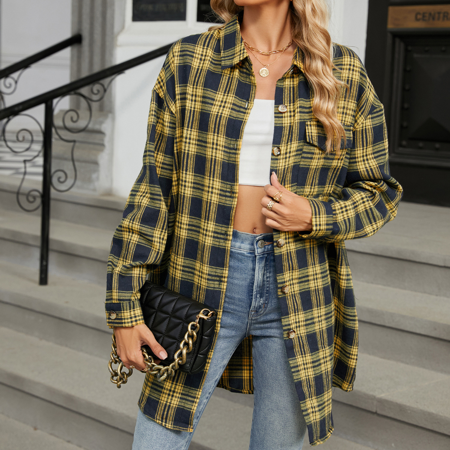 Skillofyz Loose Pocket Patchwork Single Breasted Cardigan Shirt For Women 2025 Autumn/winter Checkered Shirt Brushed Long Sleeved Blouses