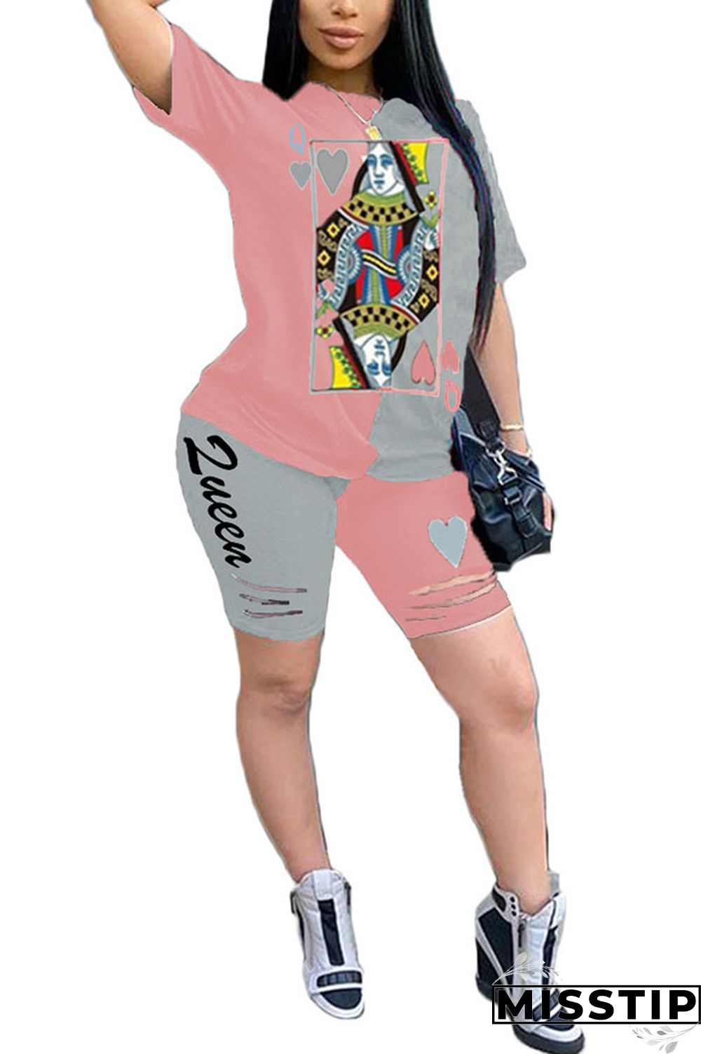 Blue venetian Fashion Casual Patchwork Print Two Piece Suits pencil Short Sleeve Two Pieces