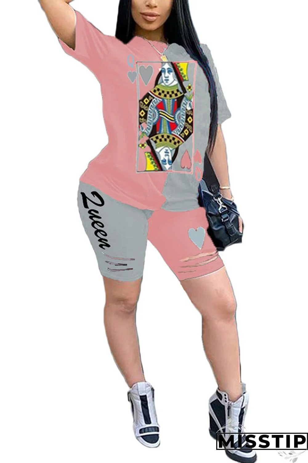 Blue venetian Fashion Casual Patchwork Print Two Piece Suits pencil Short Sleeve Two Pieces