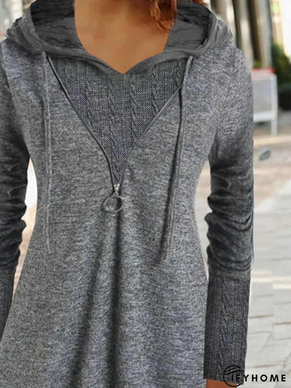 Plain Hooded Drawstring Cable Knit Mixed Media Tunic Sweatshirt | IFYHOME