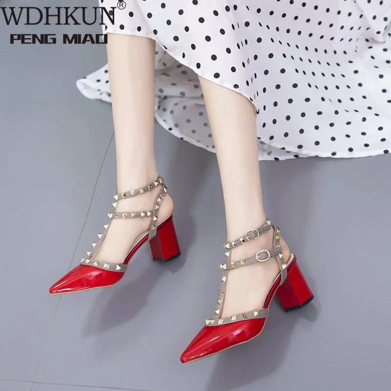 Women's Shoes 21 Summer Sandals Pointed Patent Leather Rivet Buckle Sandals Thick with Heel Wild Thin  Ladies Shoes and Sandals