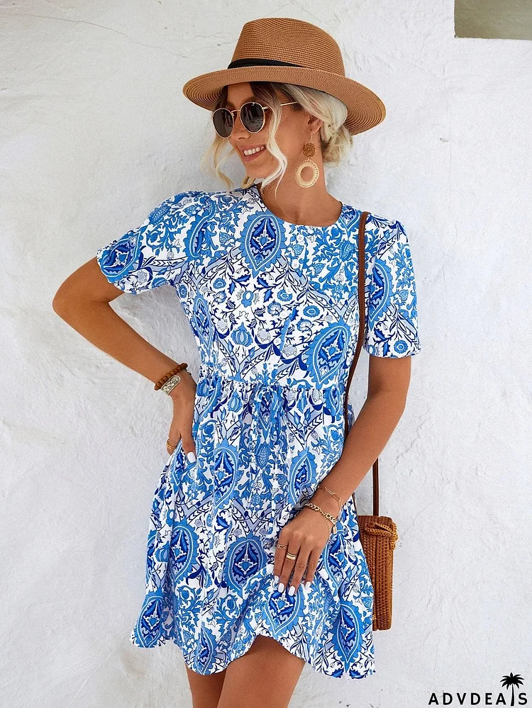 Printed Round Neck Puff Sleeve Mini Dress