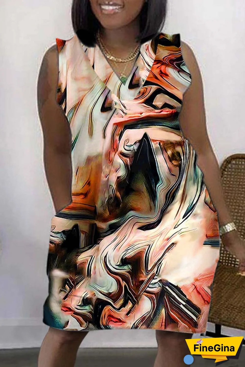 Coffee Casual Print Basic V Neck Sleeveless Dress Dresses