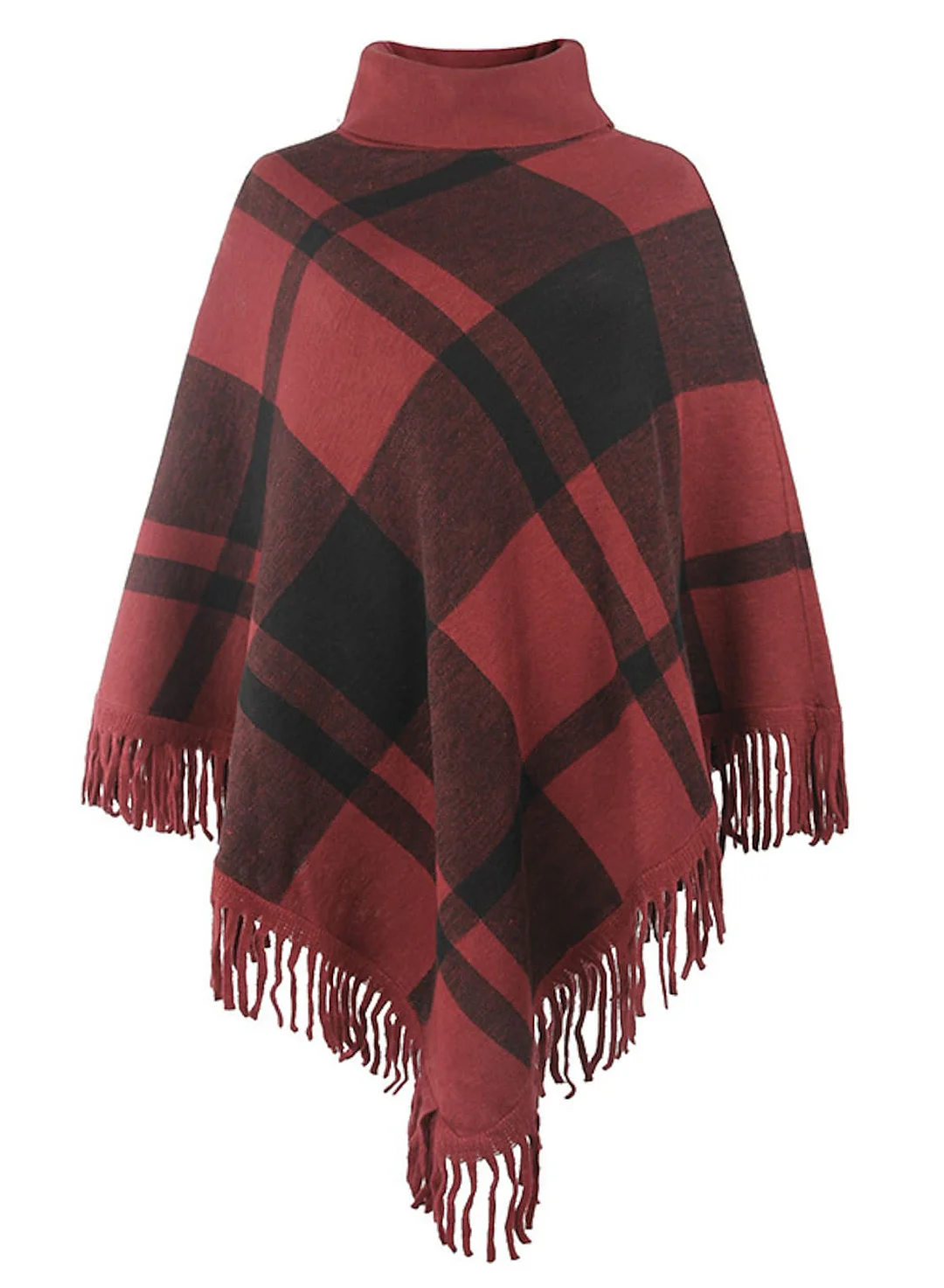 Women's Shirt Shrugs Plaid Tassel Print Long Sleeve   High Neck Ponchos Capes
