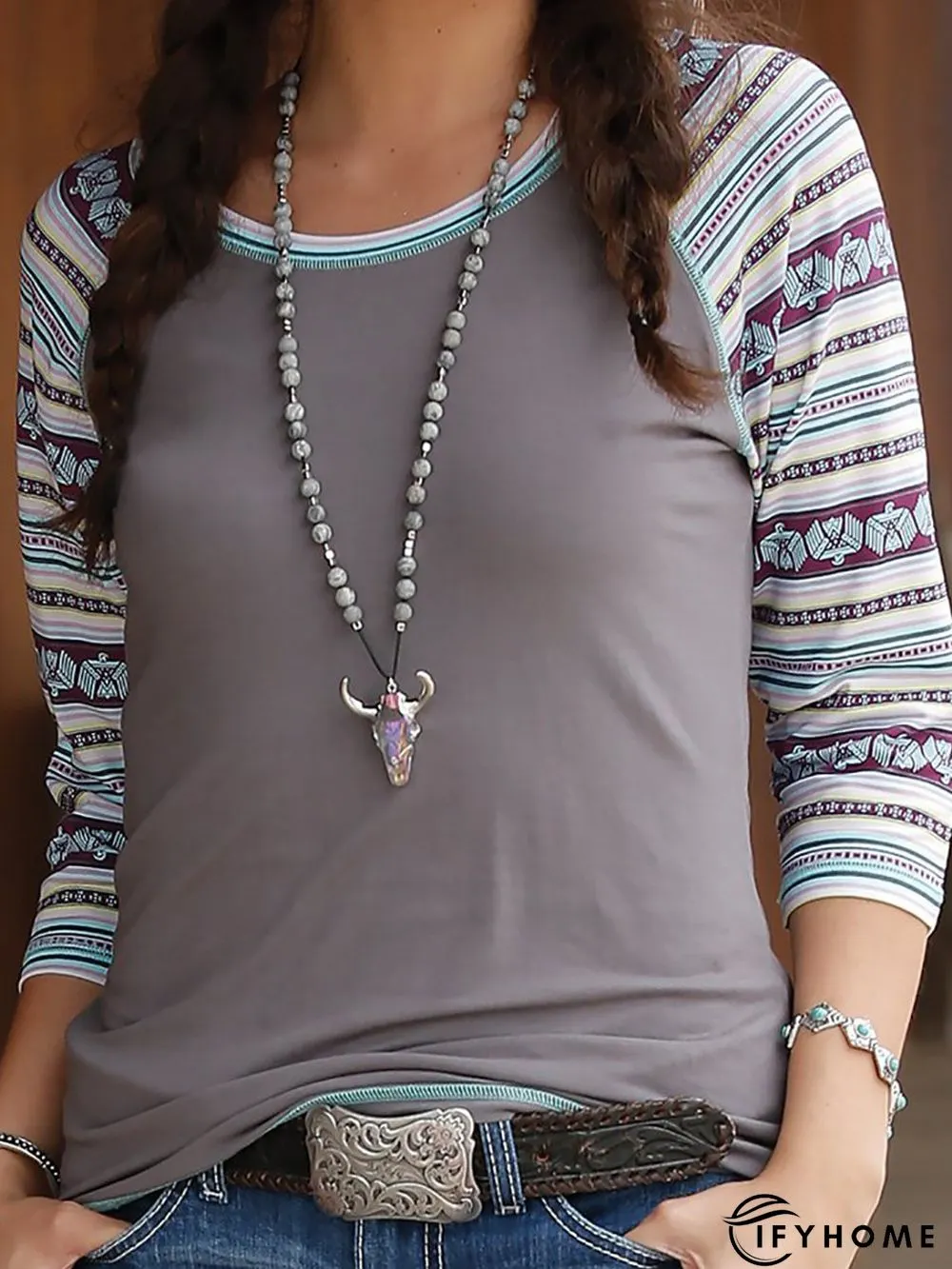 Casual Paneled 3/4 Sleeve Cotton-Blend Top | IFYHOME