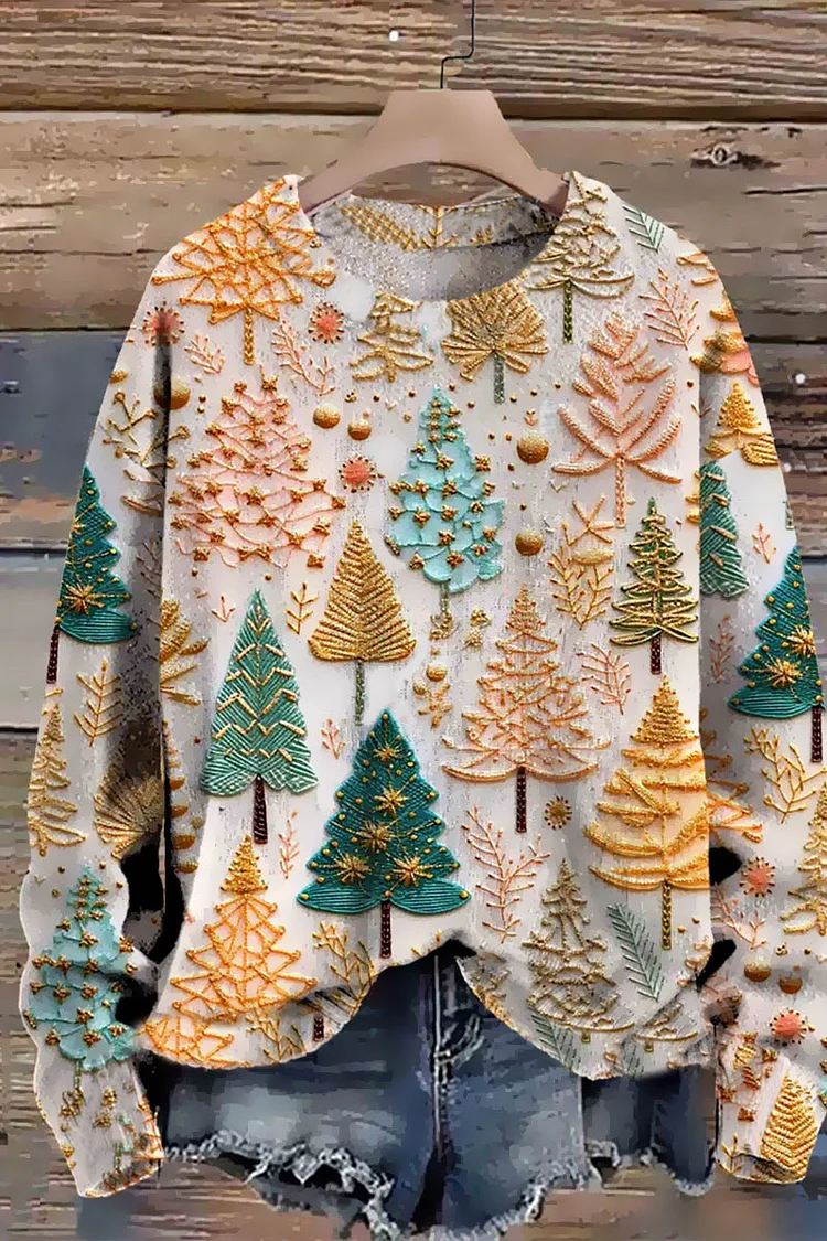 Retro Herbst Weihnachtskreuz-Druck Langarm-Pullover