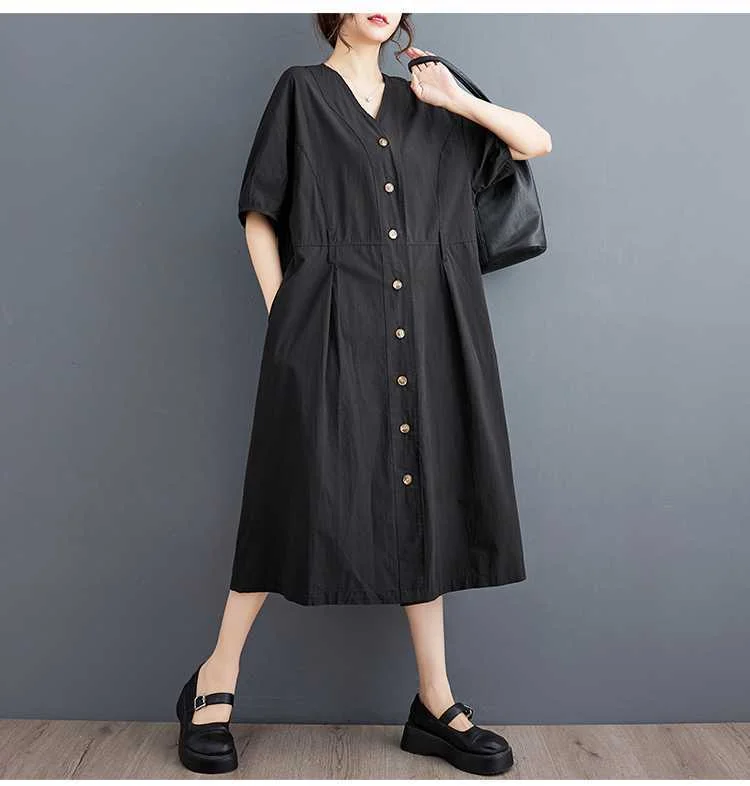 Simple Buttons Short Sleeve Midi Dress - yankia
