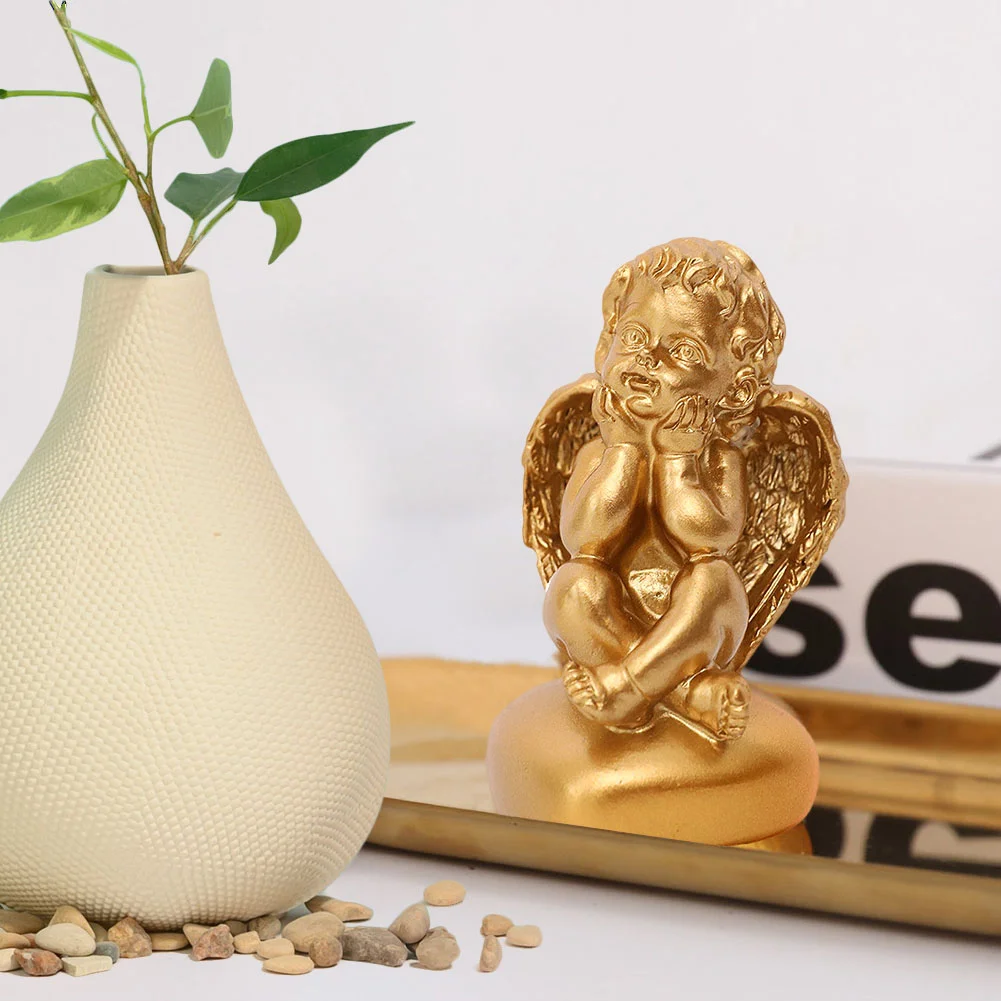 Gold Resin Angel Boy Statues Home Craft Desktop Figurine Party Decor (B)