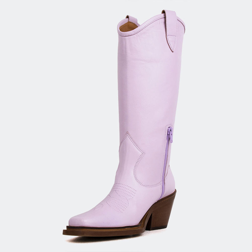 Lavender Square Toe Chunky Heel Knee-High Cowgirl Boots with Zipper Nicepairs