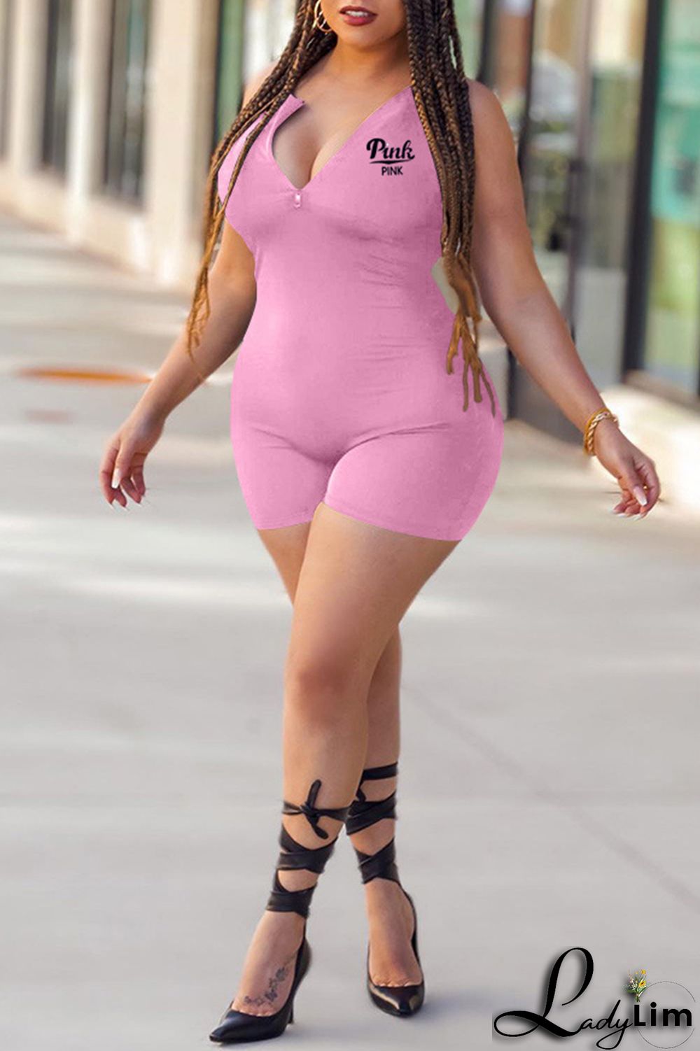 Blue Fashion Casual Letter Print Basic Zipper Collar Skinny Romper