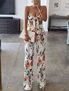 Floral Printed Lace-Up Vest Top+Wide Leg Pants Suits