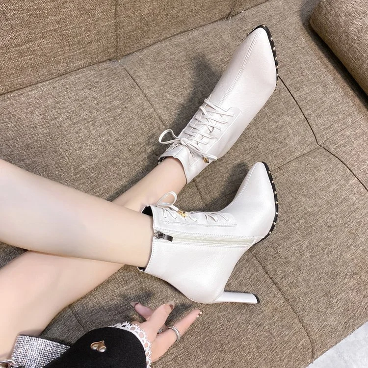 Wongn Wongn Women's Shoes Rivevet Tip With High Heel Ankle Boots Thick Heel Leather Boots Fashion Women's Boots