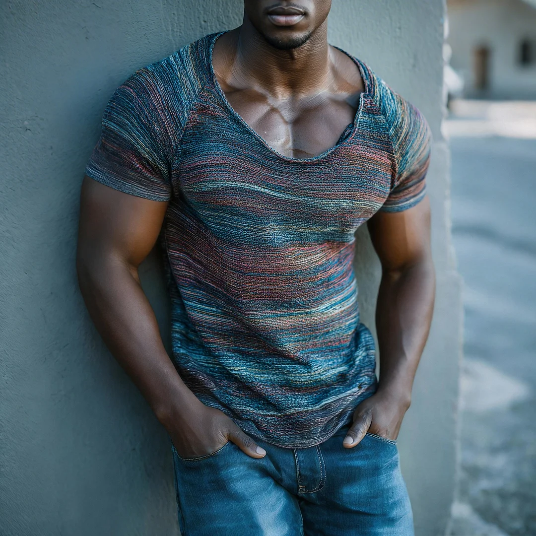 Men's Colorful Knitted Crew Neck Raglan Short Sleeve T-Shirt-inspireuse