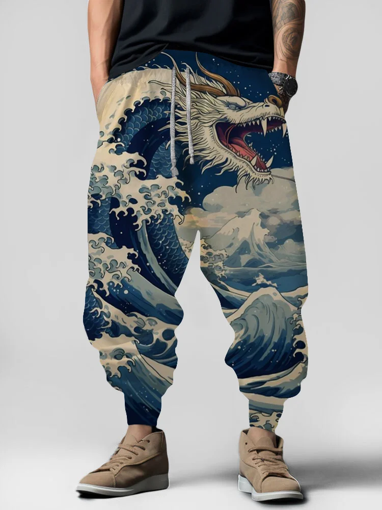 Men's Japanese Art Dragon Element Pattern Print Retro Sweatpants